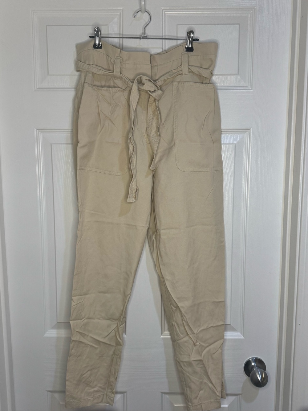Express Cream Paperbag Waist Straight Leg Pants with Tie Belt